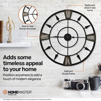 Home Master Wall Clock Antique Style Roman Numerals Metal Accents 60cm