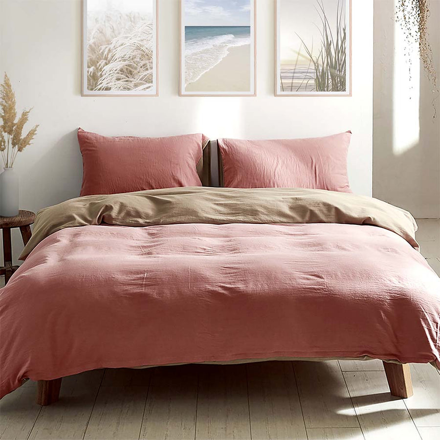 Washed Cotton Quilt Set Pink Brown Double