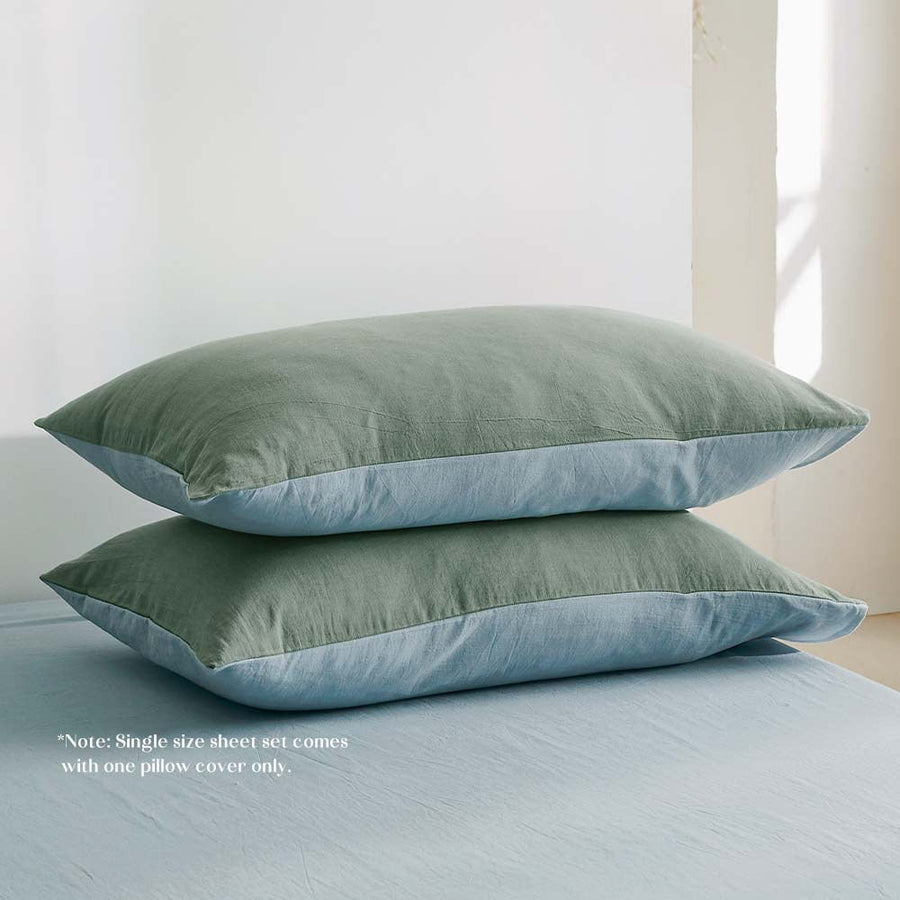 Washed Cotton Sheet Set Green Blue Single