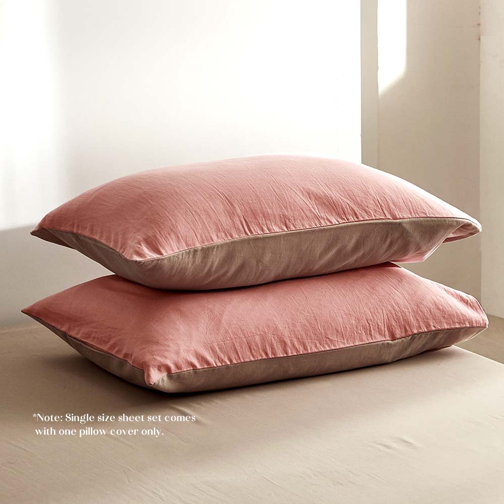 Washed Cotton Sheet Set Pink Brown Single