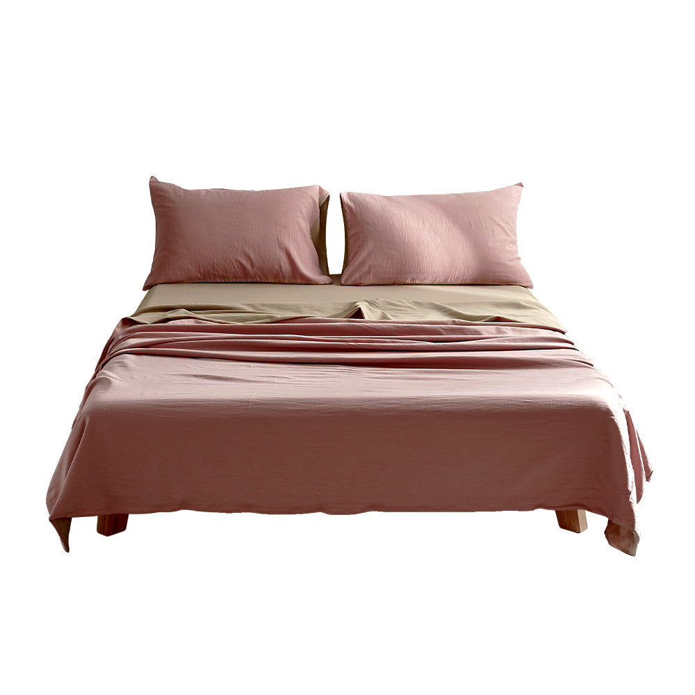 Washed Cotton Sheet Set Pink Brown Single