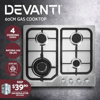 Gas Cooktop 60cm Gas Stove Cooker 4 Burner Cook Top Konbs NG LPG Steel