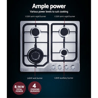 Gas Cooktop 60cm Gas Stove Cooker 4 Burner Cook Top Konbs NG LPG Steel