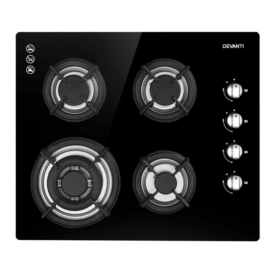 Gas Cooktop 60cm 4 Burner Glass Cook Top Cooker Stove Hob NG LPG Black