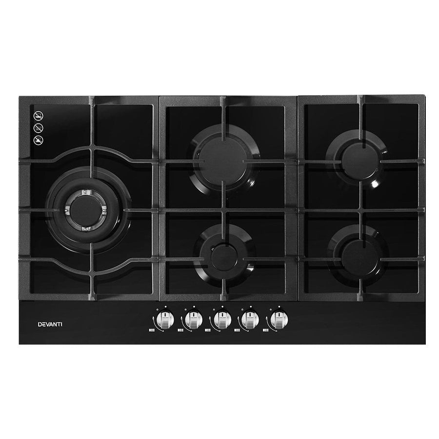 Gas Cooktop 90cm 5 Burner Stove Hob Cooker Kitchen NG LPG Black Glass