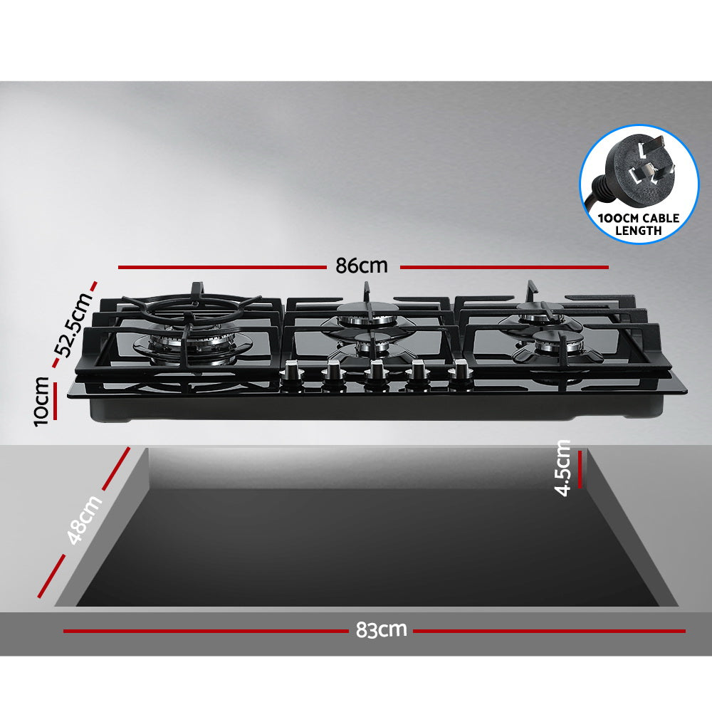 Gas Cooktop 90cm 5 Burner Stove Hob Cooker Kitchen NG LPG Black Glass