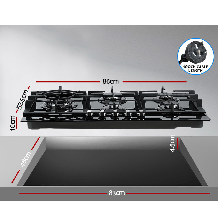 Gas Cooktop 90cm 5 Burner Stove Hob Cooker Kitchen NG LPG Black Glass