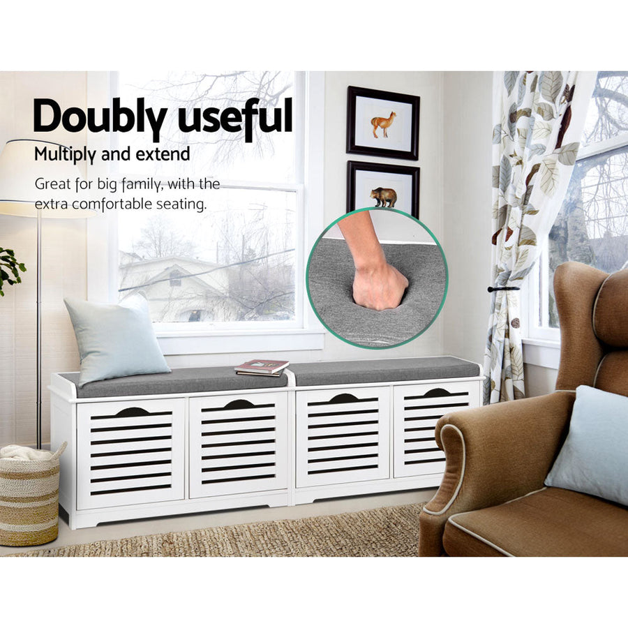 Fabric Shoe Bench with Drawers - White & Grey