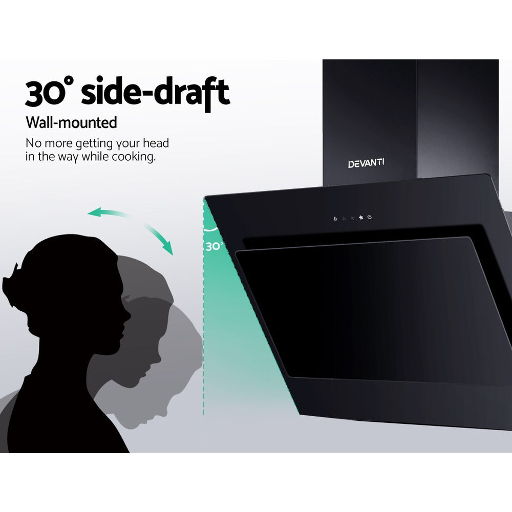 Rangehood 900mm Black Angled Side Draft Range Hood Canopy Glass 90cm