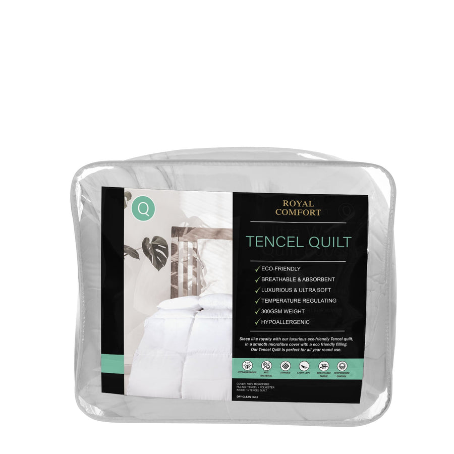 Tencel Blend Quilt 300GSM Doona Eco Friendly Breathable All Season - White Queen