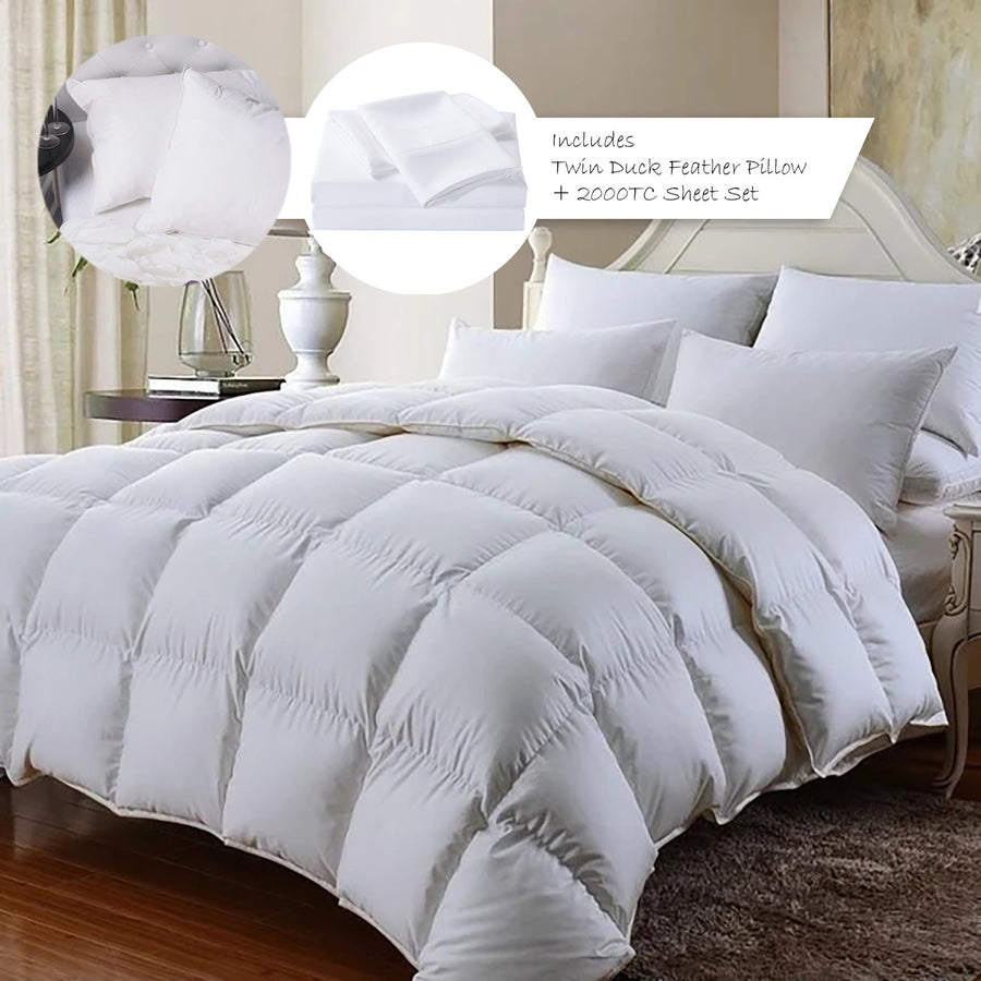 350GSM Bamboo Quilt, 2000TC Sheet Set And 2 Pack Duck Pillows - White Queen