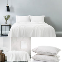 100% Cotton Vintage Sheet Set And 2 Duck Feather Down Pillows - White Queen