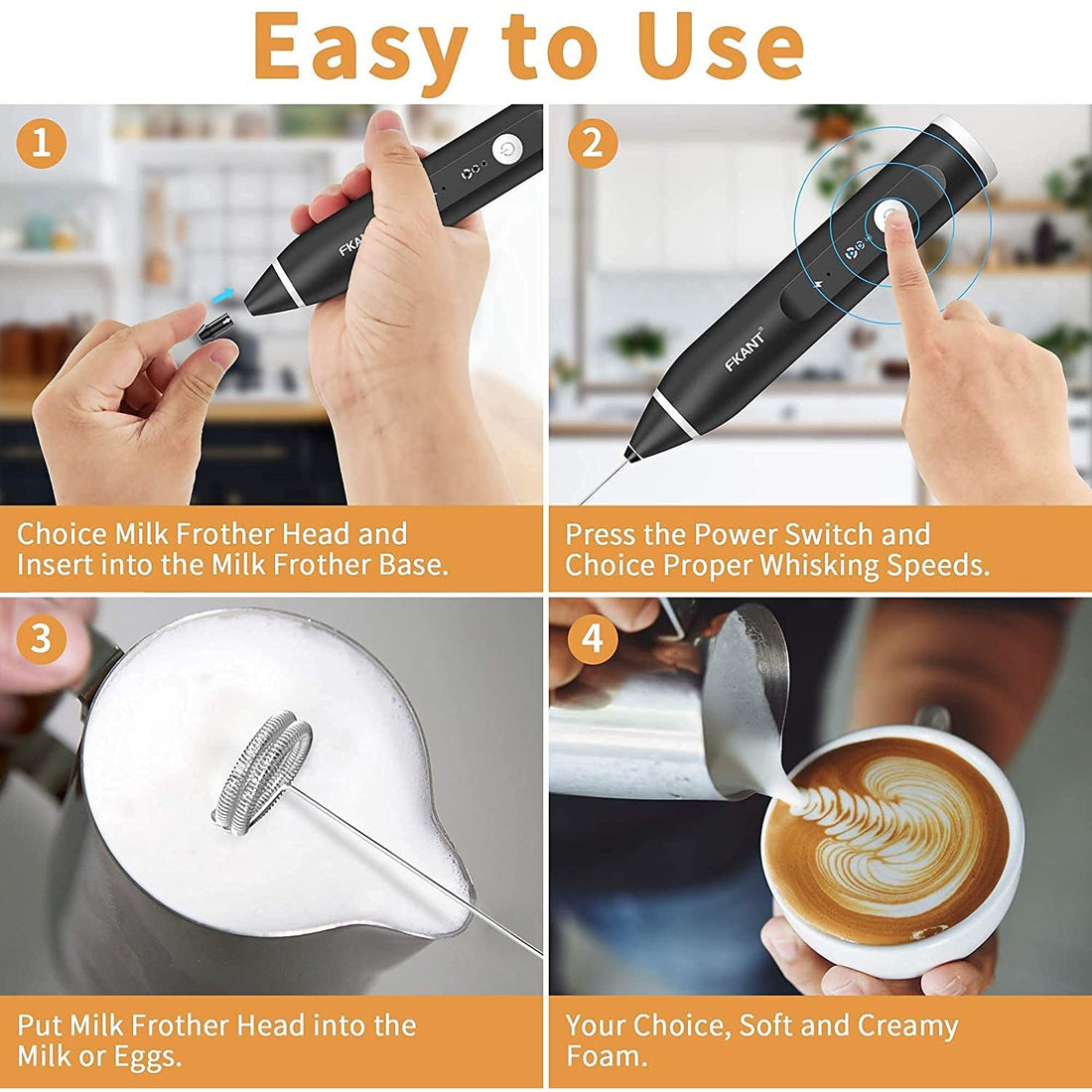 Black Rechargeable Electric Milk Frother Handheld (3 Speeds)