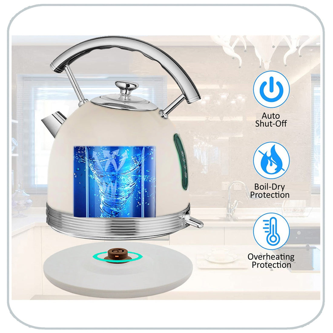 1.7 White Electric Kettle Boiler Stainless Steel Retro