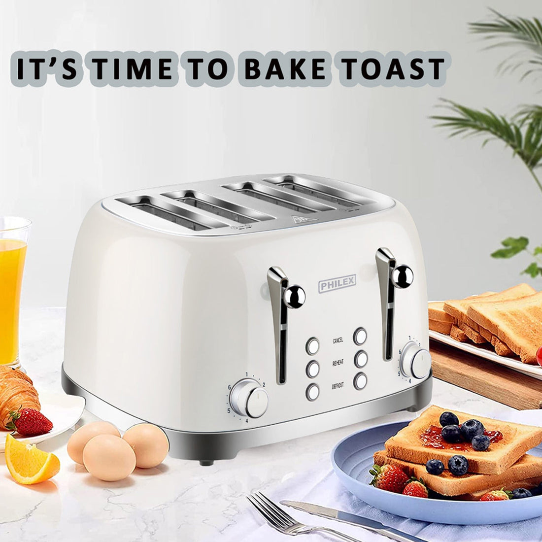 4-Slice White Toaster Bread Reheat Retro