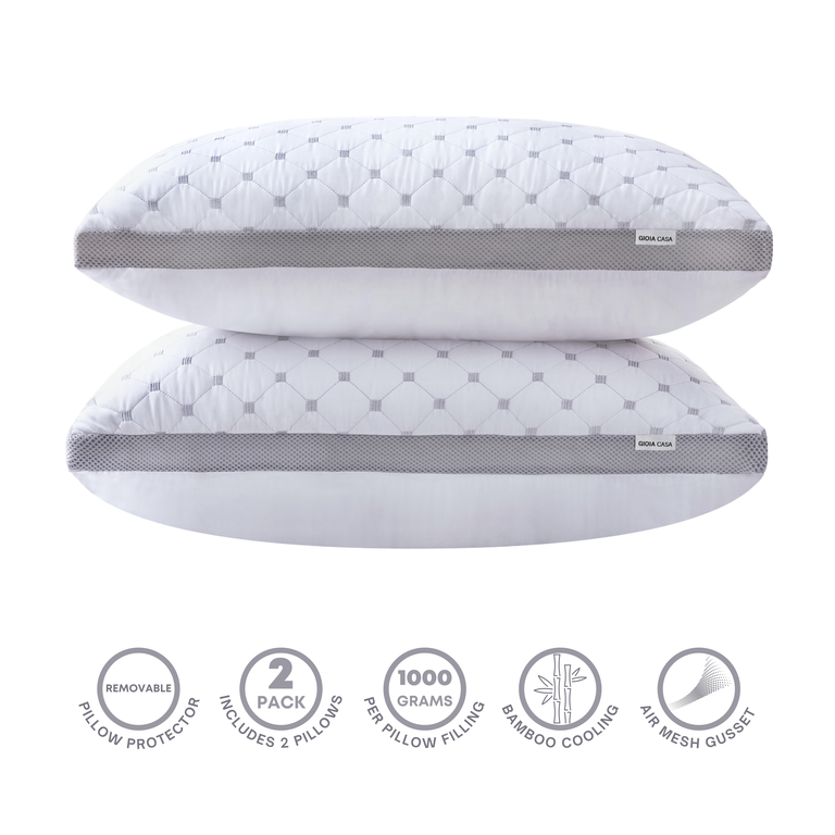 Luxury Bamboo Cooling Twin pack plush down like pillows with 2 bonus quilted waterproof pillow protectors