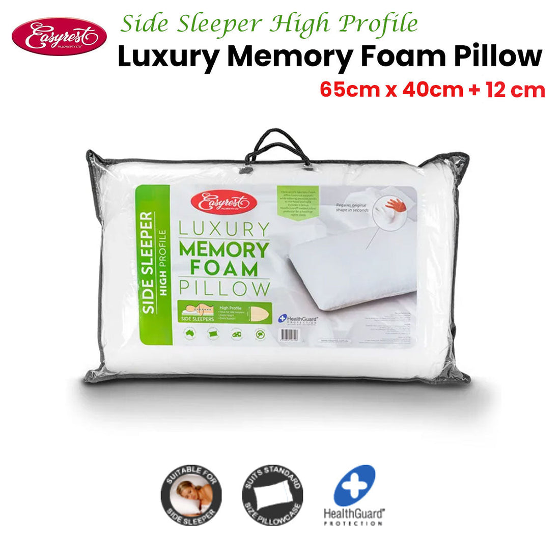 Side Sleeper High Profile Luxury Memory Foam Pillow 65x40cm and removable Cover