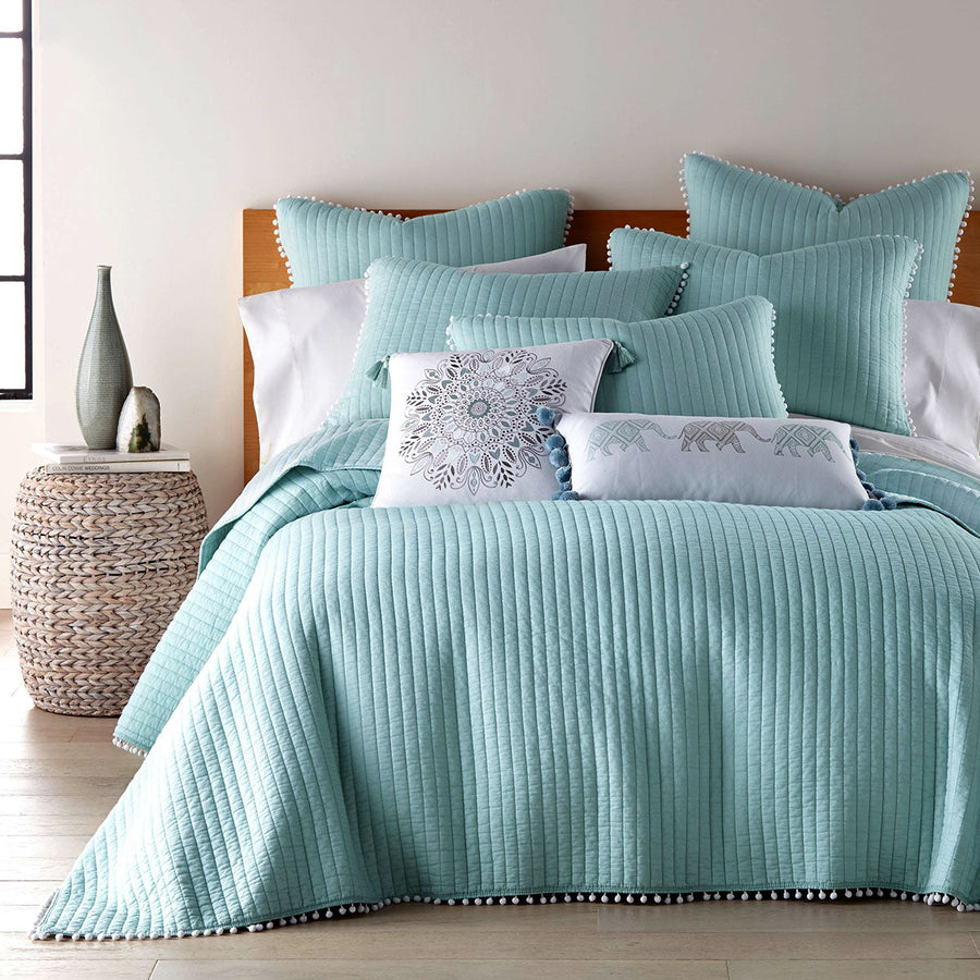 Clavo Pompom Blue 3 Piece 100% Cotton Coverlet Set King