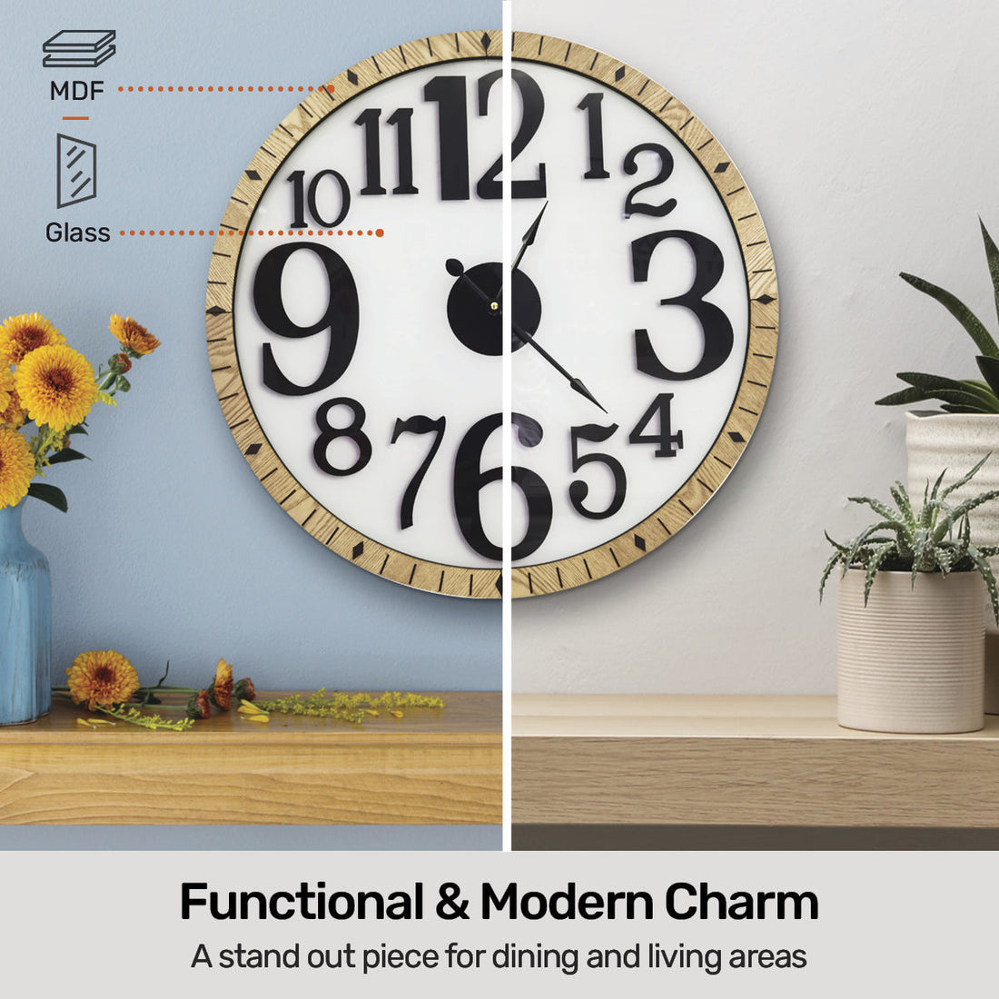 Wall Clock Large Modern Design Stylish Glass Surface 60cm